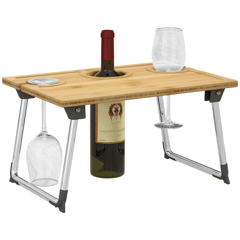 HOMCOM Bamboo Foldable Wine Table with Bottle & Glass Holders - Perfect Picnic!