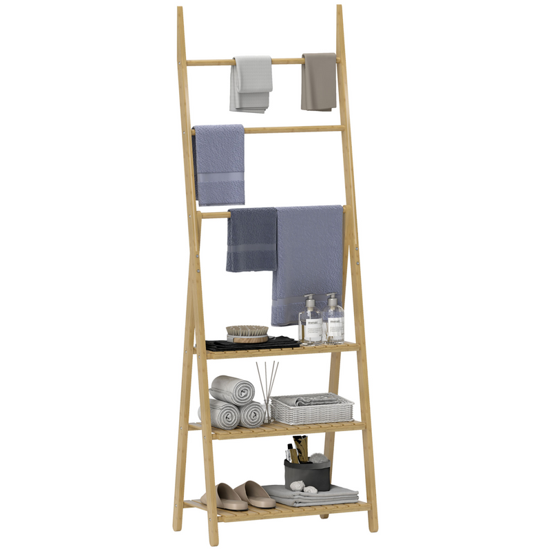 Stylish Bamboo 3-Tier Bathroom Shelving Unit with Towel Bars – Space-Saving Elegance